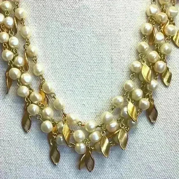 Avon Faux Pearl with Gold Dangle Detail Multi Strand Necklace - Picture 2 of 4